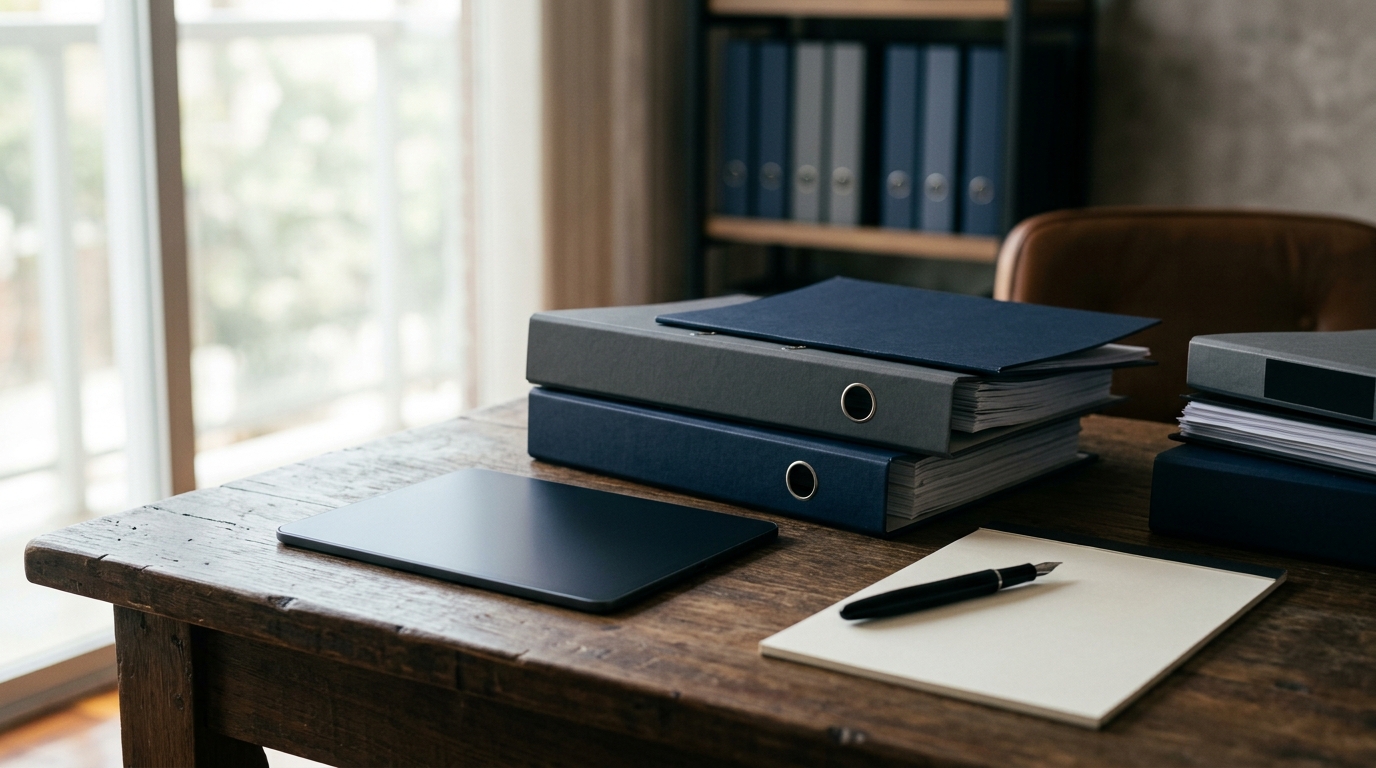 Mesa de escritório contábil com computador e pastas organizadas para conferência fiscal.