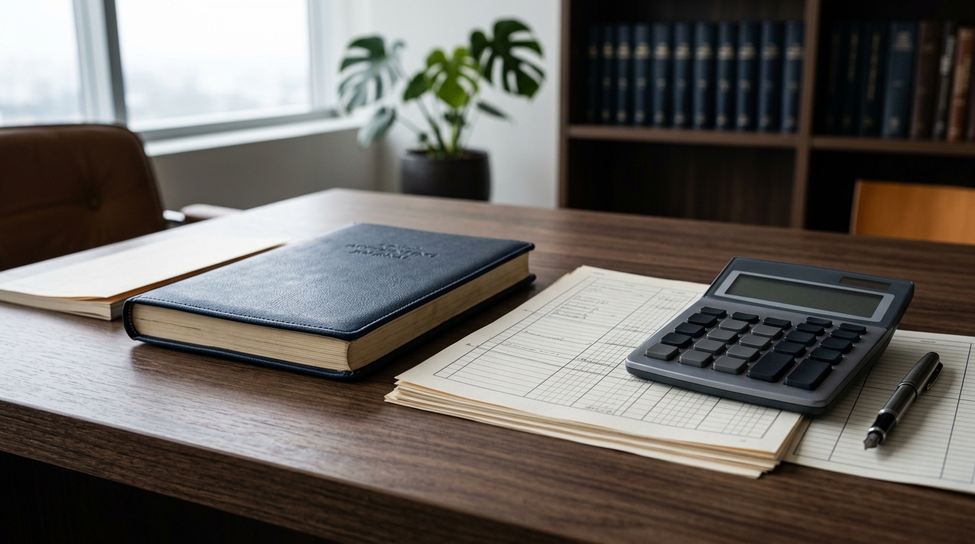 Livros contábeis e demonstrativos financeiros sobre mesa de escritório.