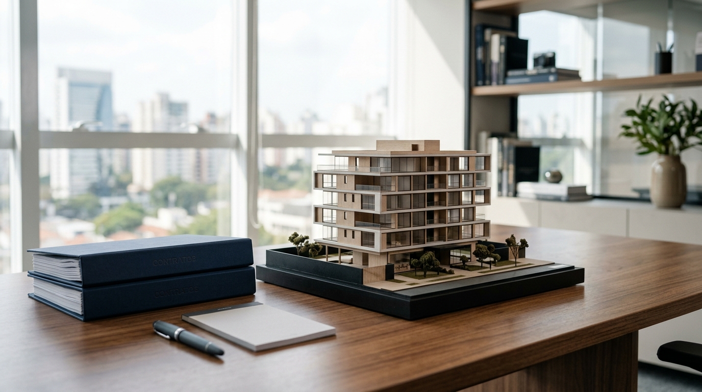 Maquete de edifício e pastas de documentos sobre mesa de escritório.