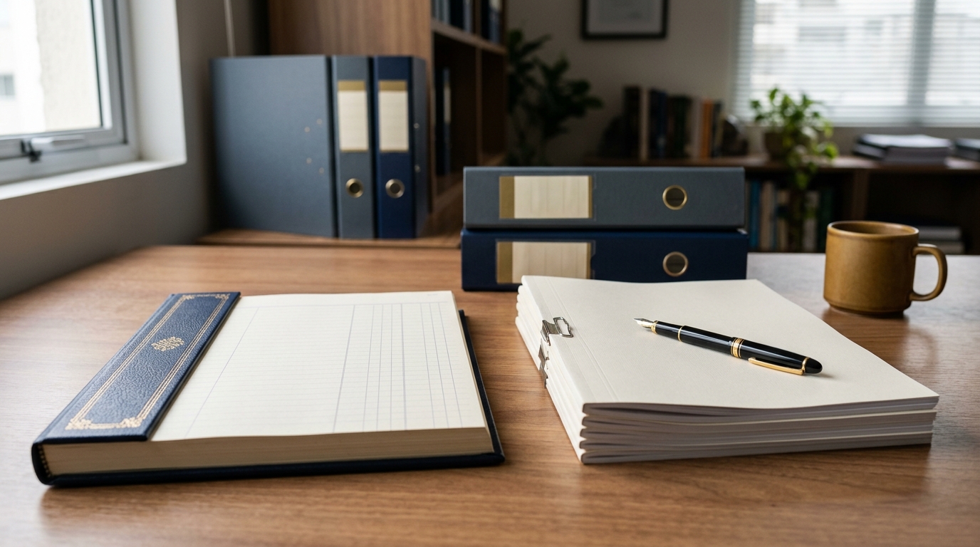 Documentos e relatórios contábeis organizados sobre mesa de escritório.