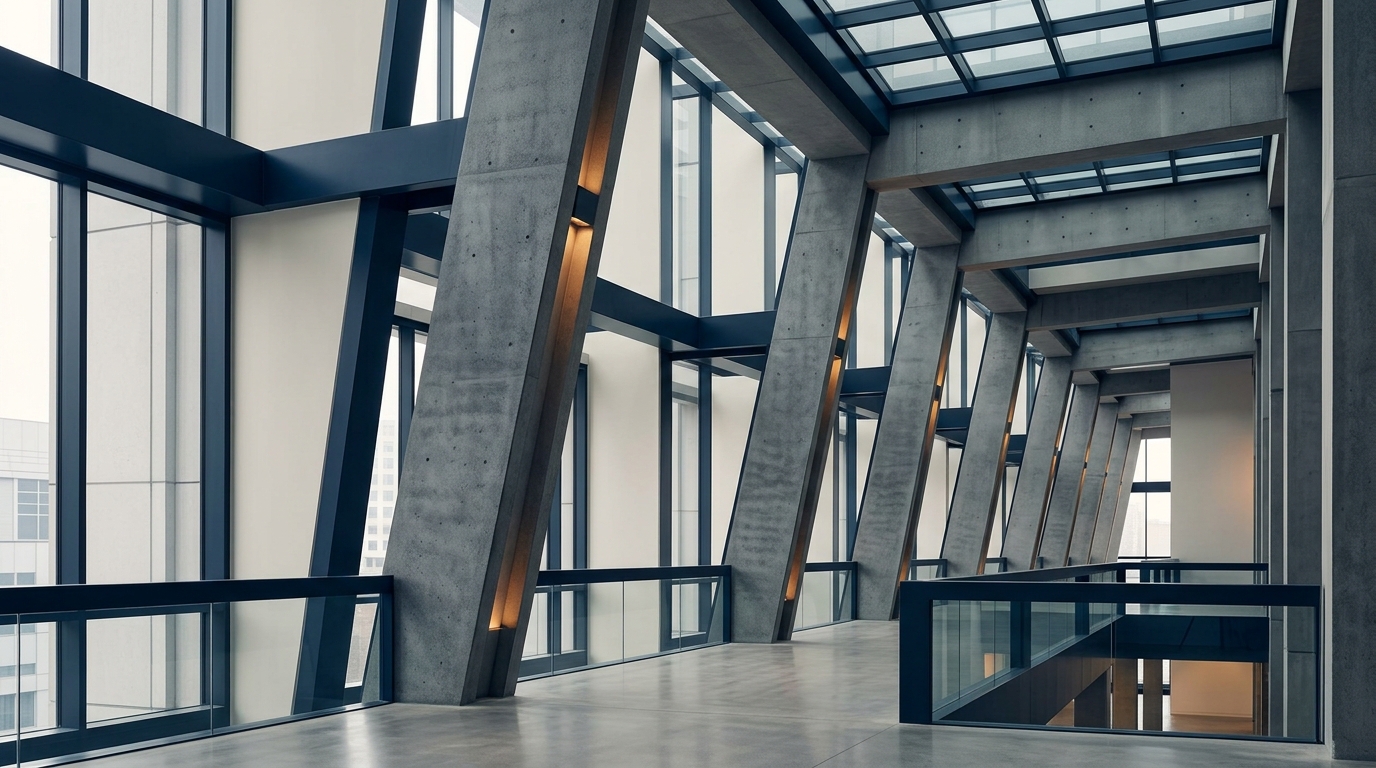 Colunas de concreto em edifício corporativo com iluminação neutra.