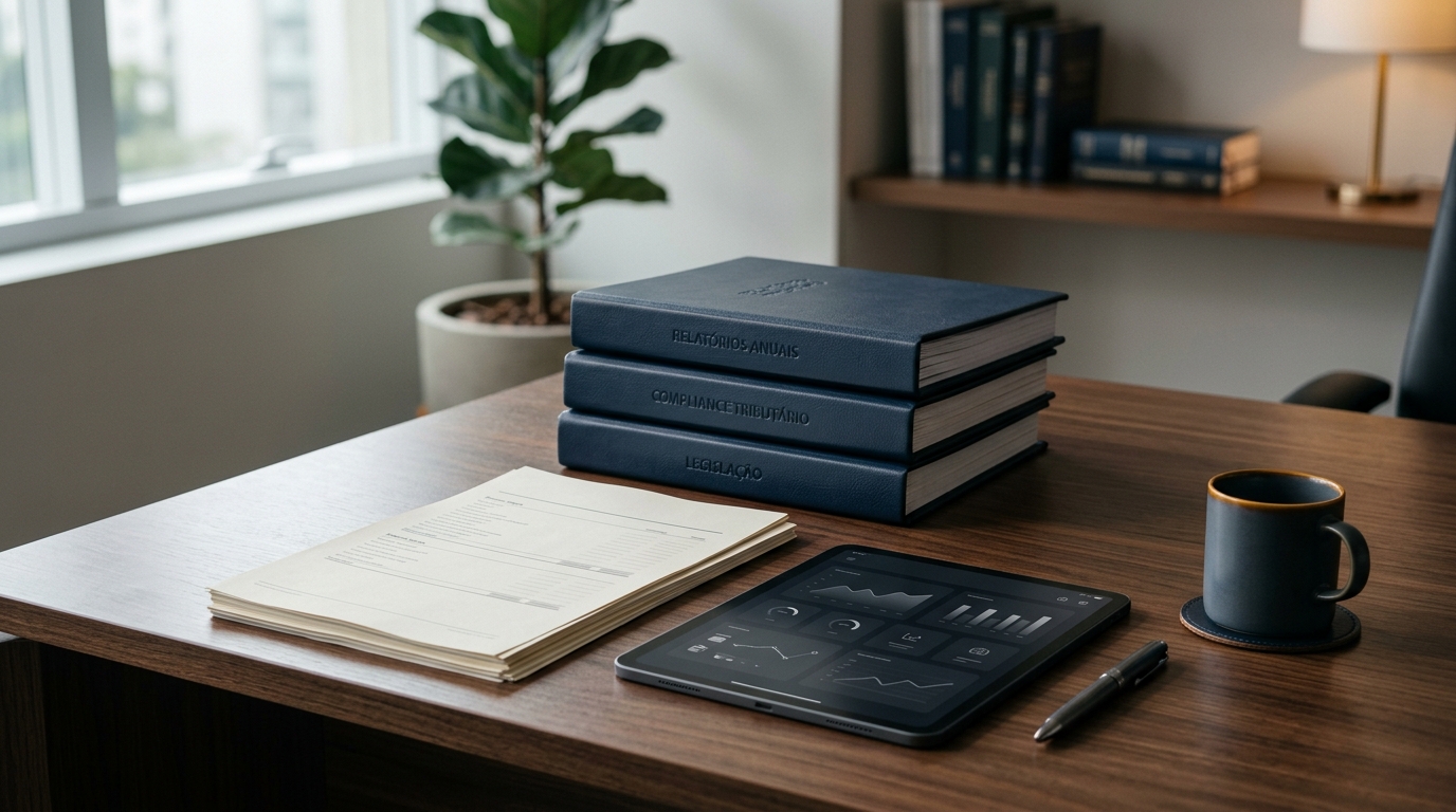 Documentos contábeis e planilhas fiscais organizados sobre mesa de escritório com tablet.