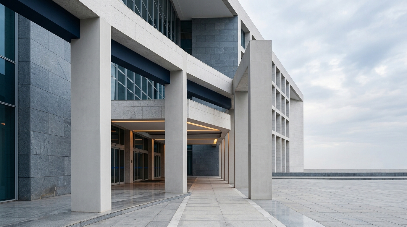 Edifício com colunas sóbrias representando a estrutura tributária brasileira e a transição da Reforma.