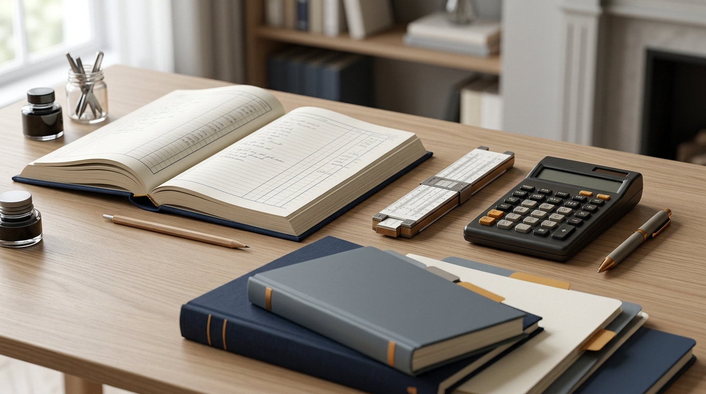 Livros contábeis e planilhas organizadas sobre mesa de escritório para procedimentos de auditoria