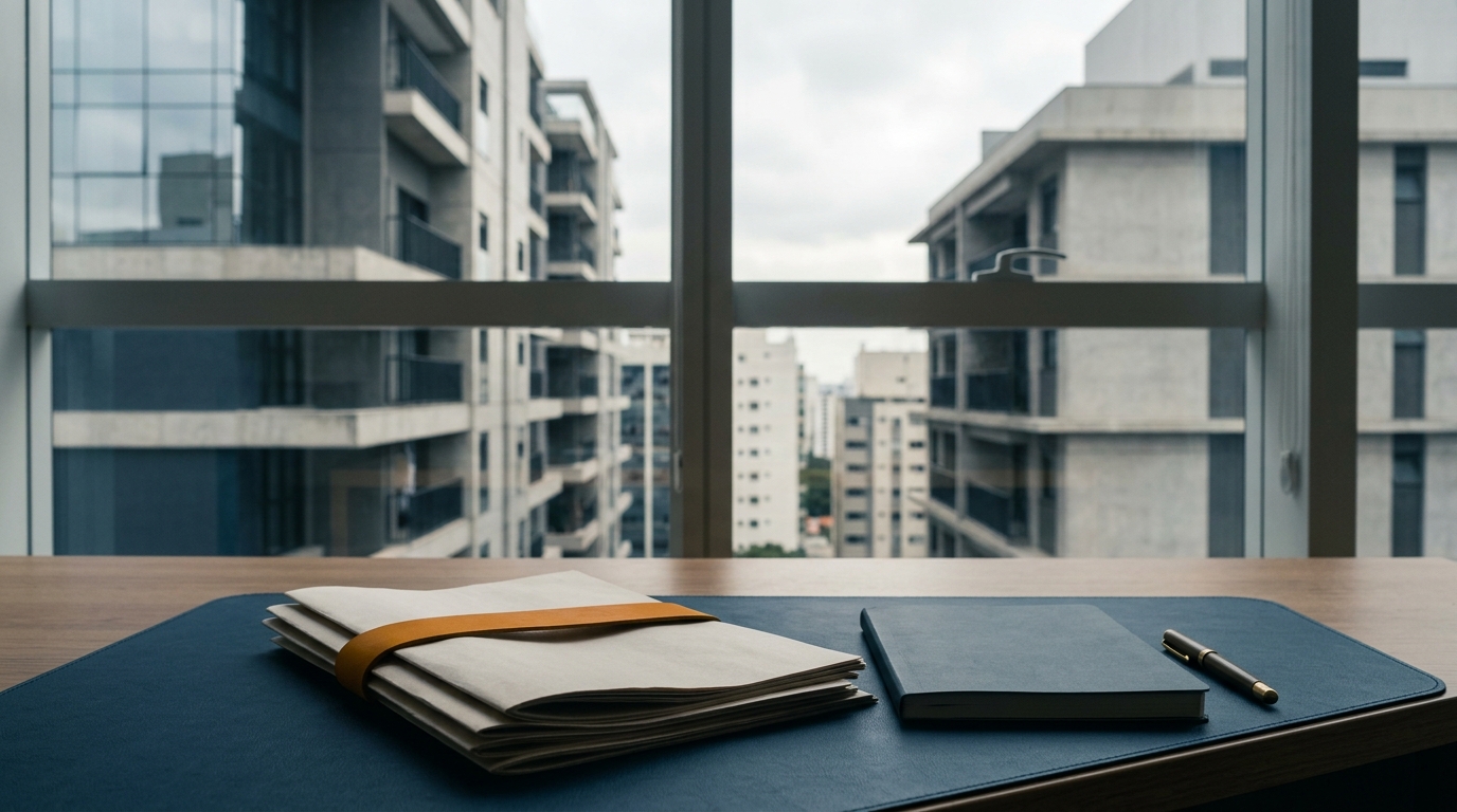 Documentos e edifícios representando a gestão fiscal e contábil de bens imóveis