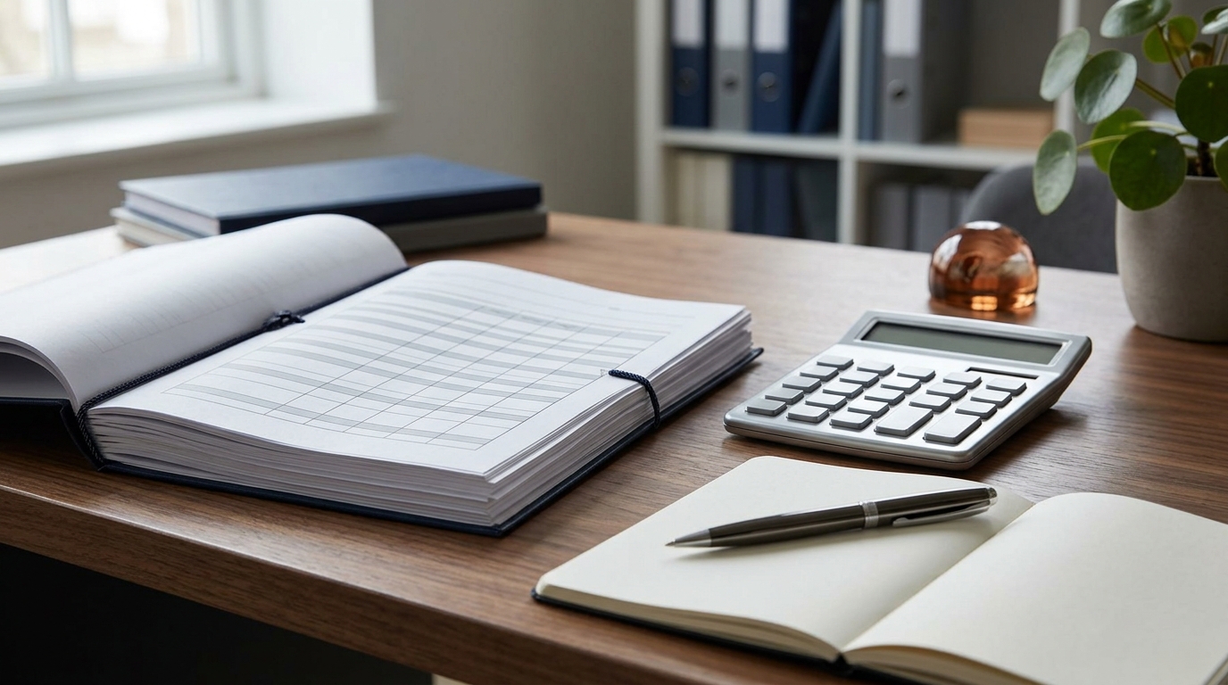 Documentos contratuais e calculadora sobre mesa de trabalho em ambiente contábil.