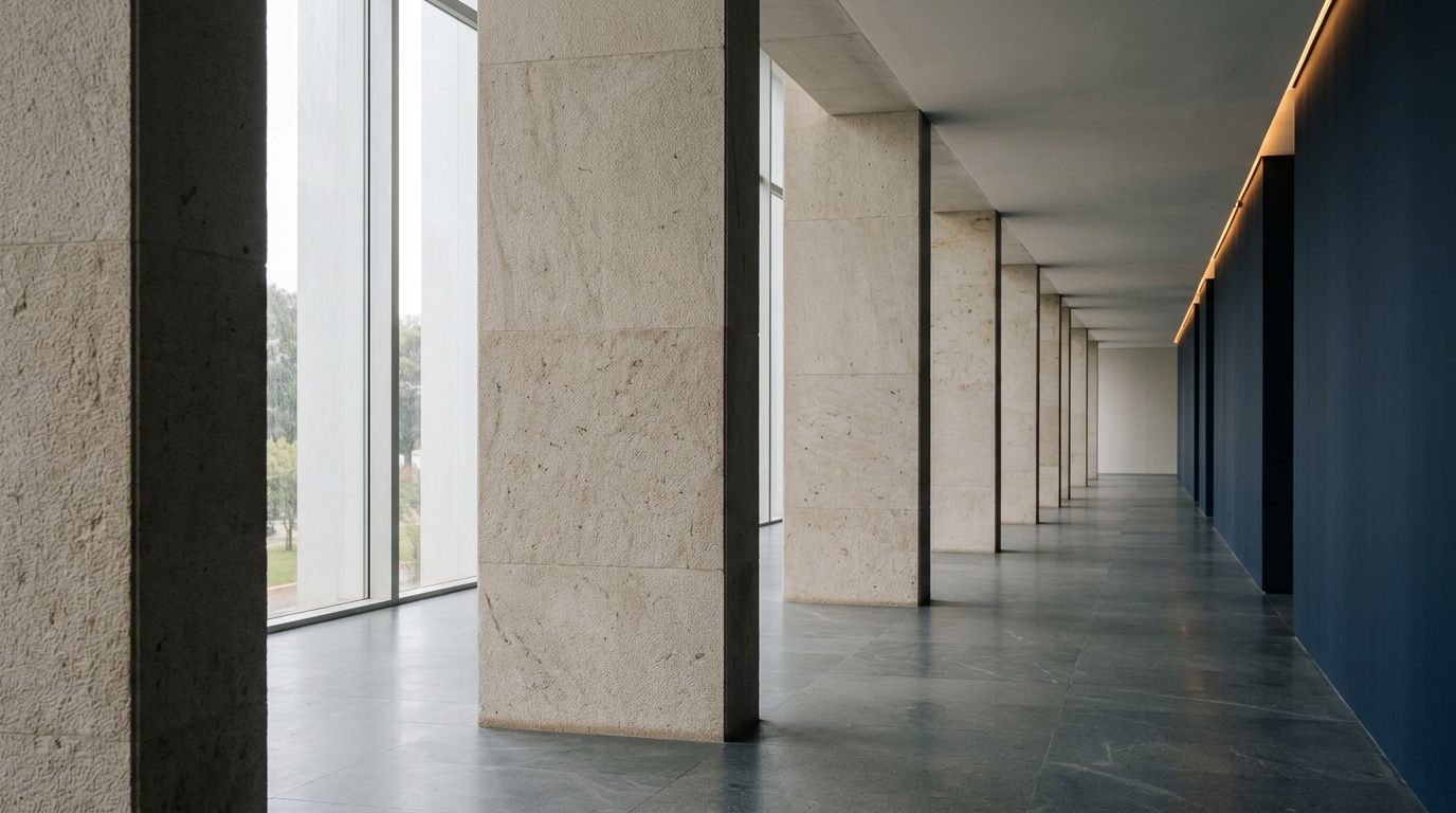 Colunas de concreto sóbrias representando a estrutura do sistema tributário e de instituições públicas.