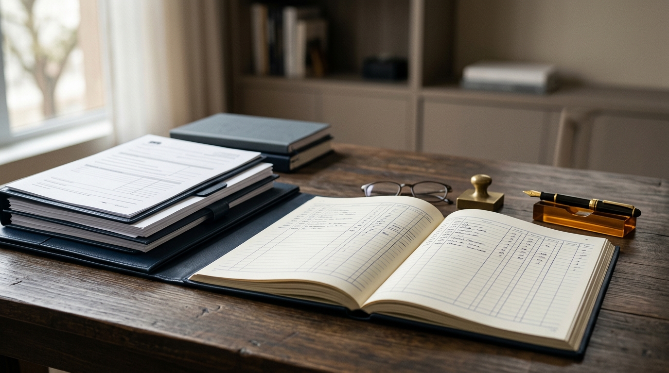 Documentos fiscais e relatórios contábeis sobre uma mesa de escritório.