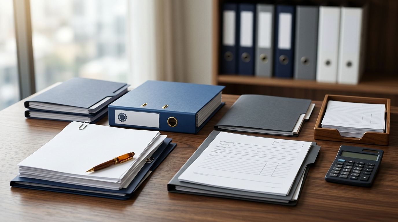Documentos fiscais e regulamentos sobre mesa técnica de escritório.