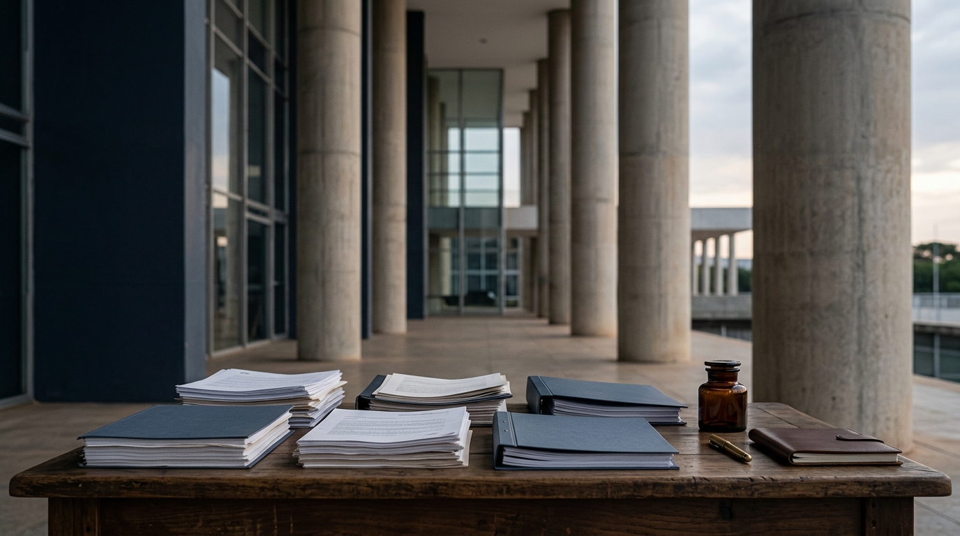 Colunas de prédio público e documentos de gestão sobre mesa de trabalho em ambiente administrativo