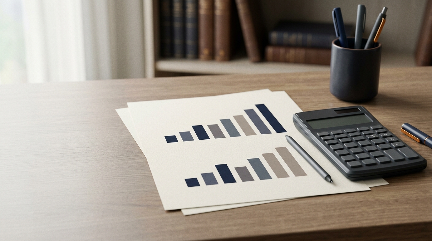 Mesa de escritório com gráficos impressos e calculadora em composição neutra.