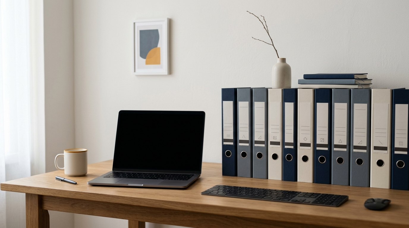 Documentos contábeis e computador em mesa de escritório com iluminação neutra.