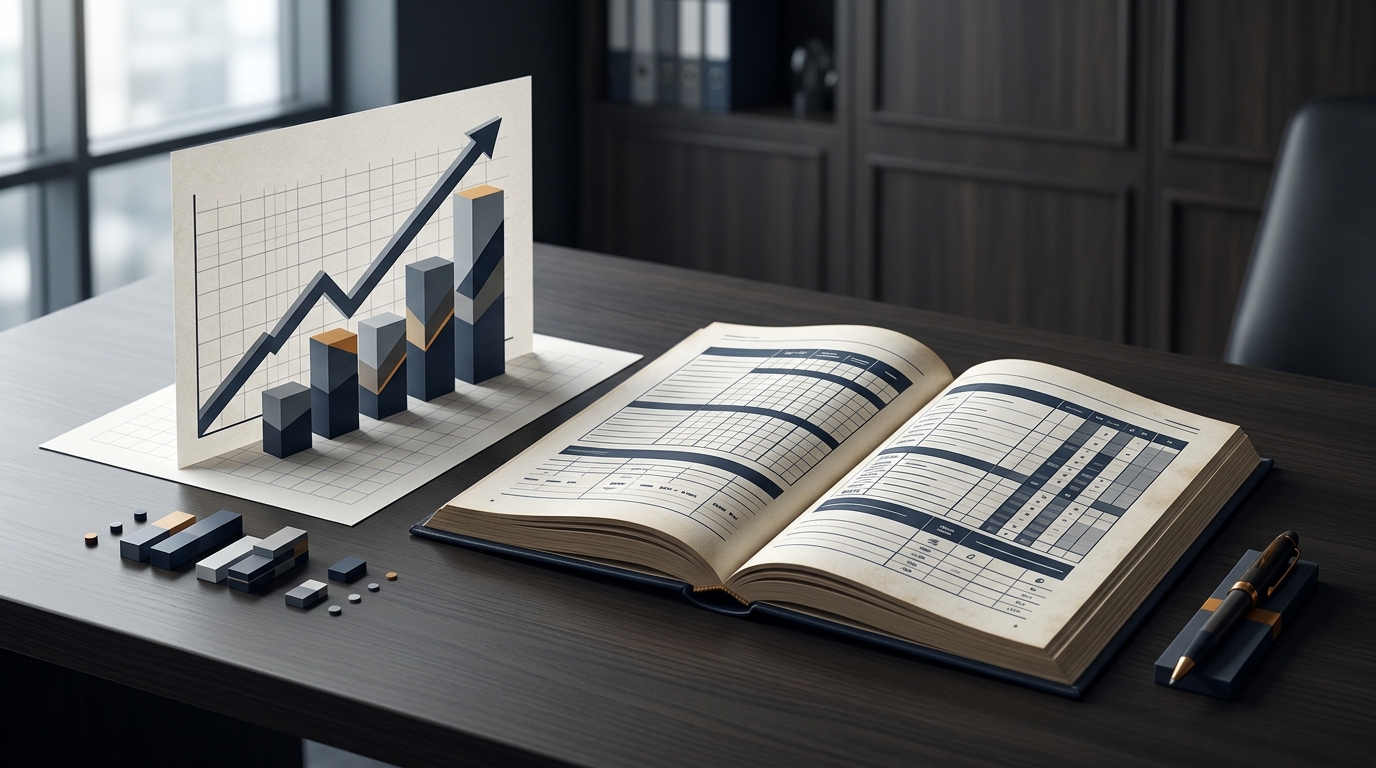 Demonstração gráfica de investimentos e documentos fiscais sobre mesa de escritório.