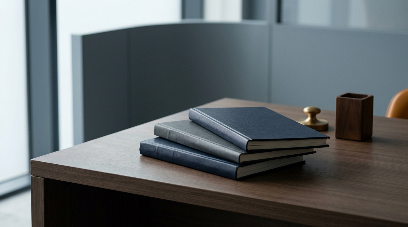 Livros de escrituração contábil sobre uma mesa de escritório.