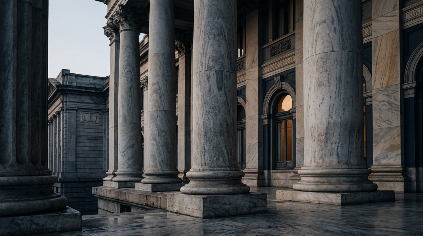 Fachada de edifício público com colunas clássicas representando a estrutura recursal administrativa.