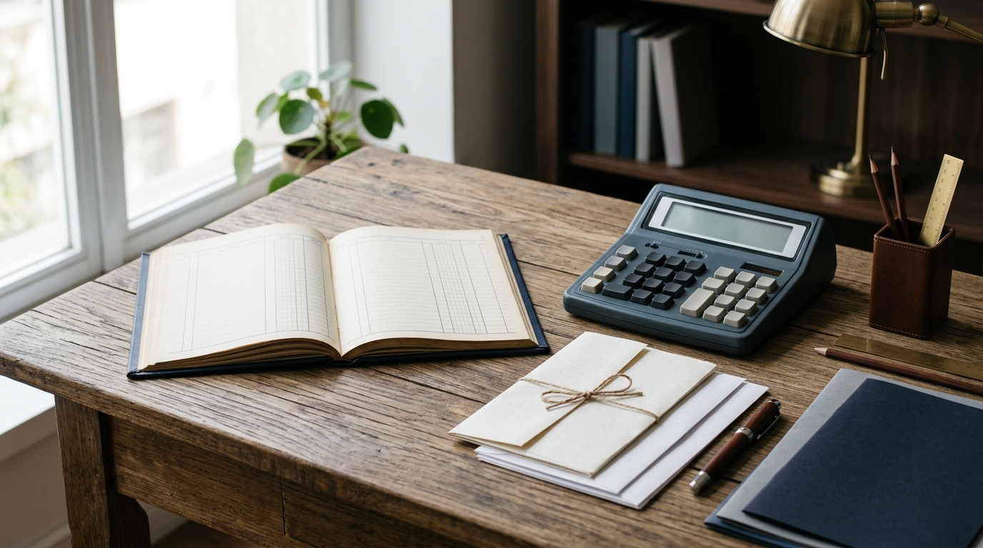 Documentos financeiros e calculadora sobre mesa de escritório para controle contábil.
