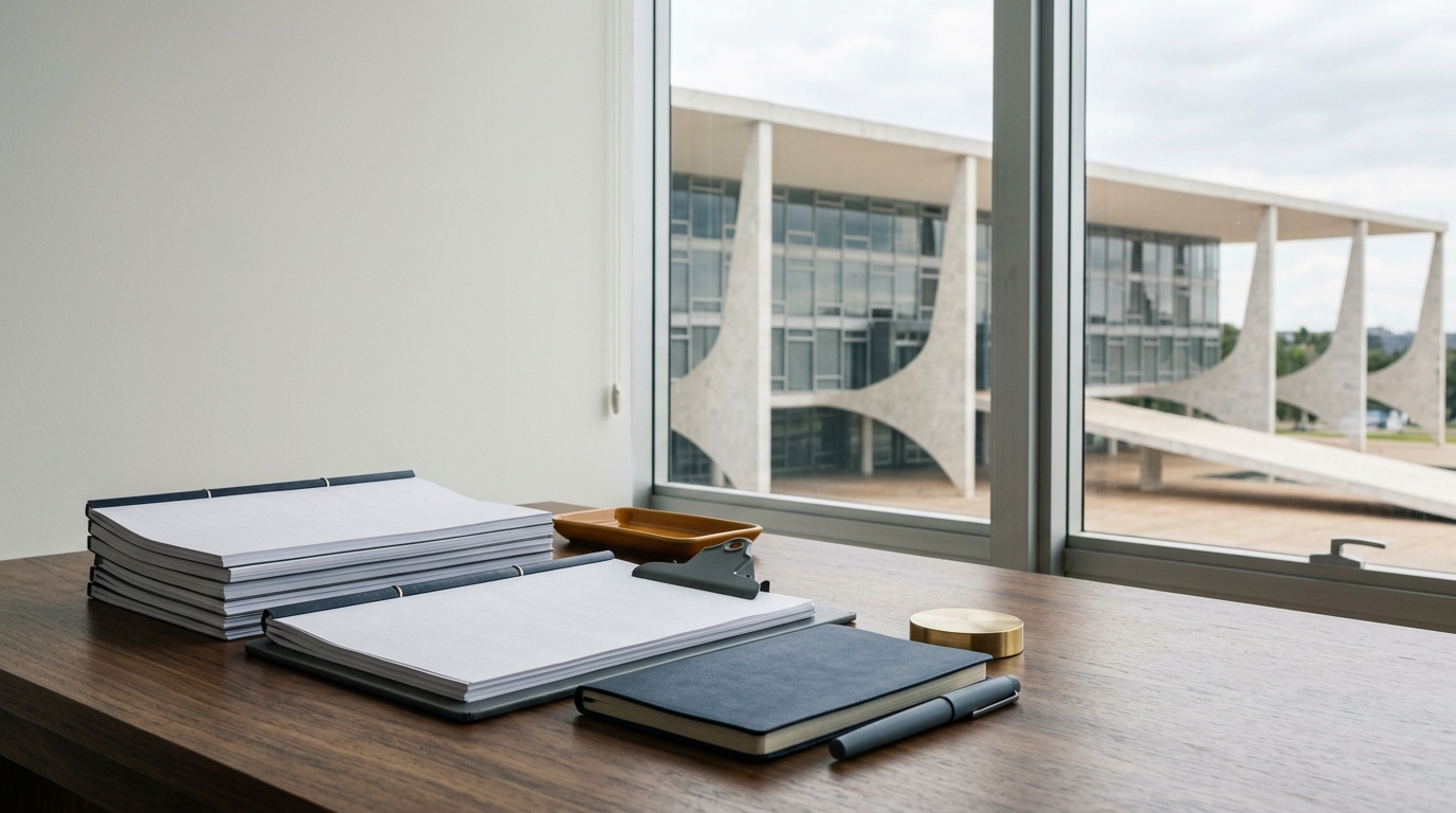Documentos fiscais e tributários organizados sobre mesa de escritório com fundo de edifício governamental.