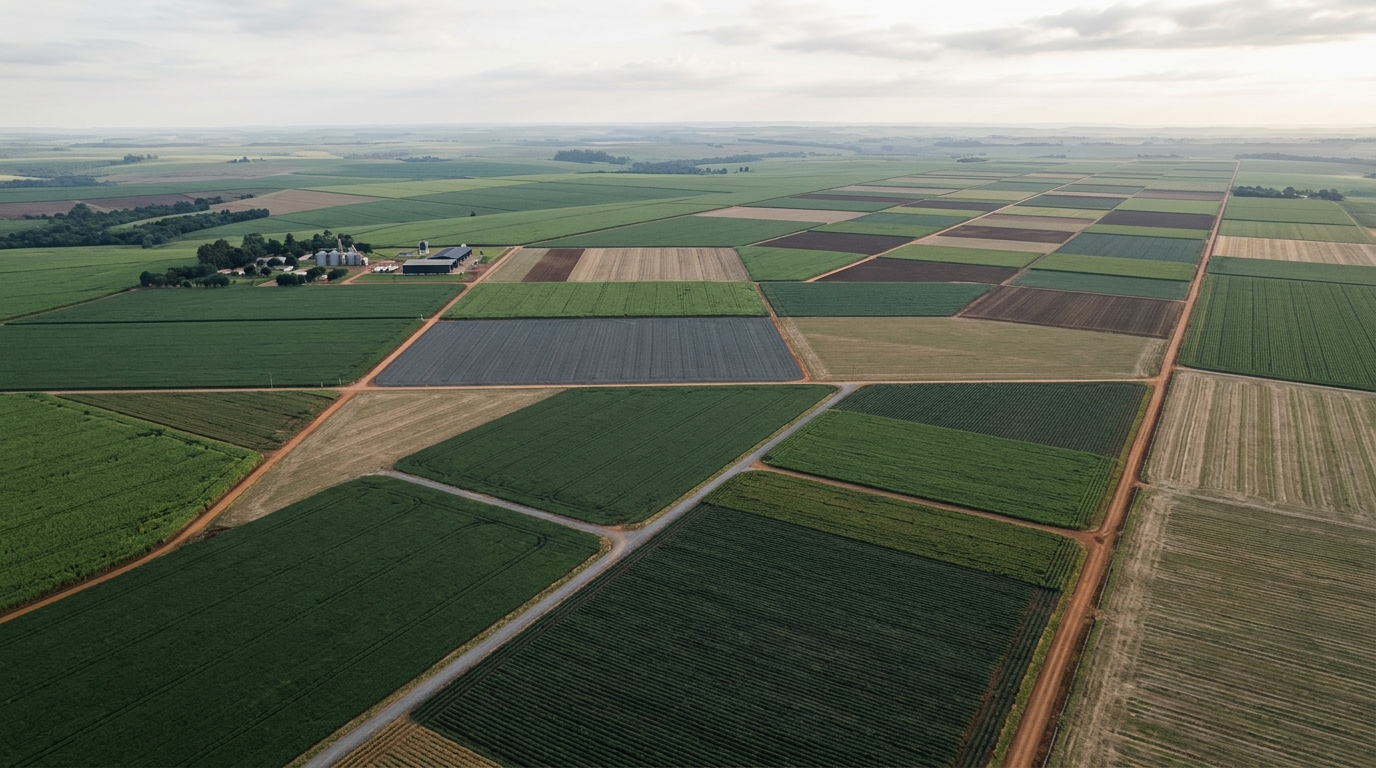 Vista aérea de terrenos e áreas rurais com divisões demarcadas