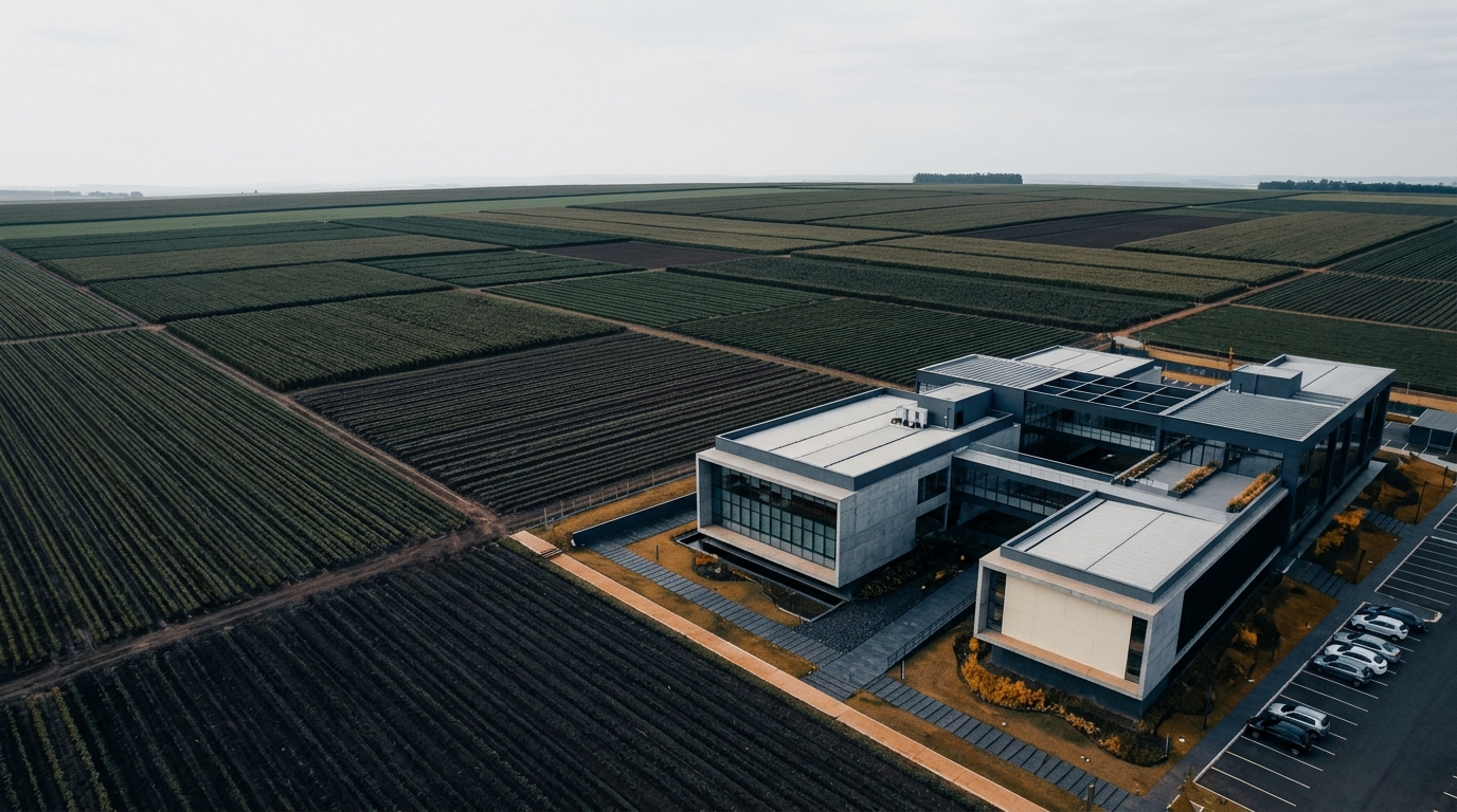 Linhas geométricas de campo agrícola e arquitetura sóbria representando a gestão fiscal no agronegócio