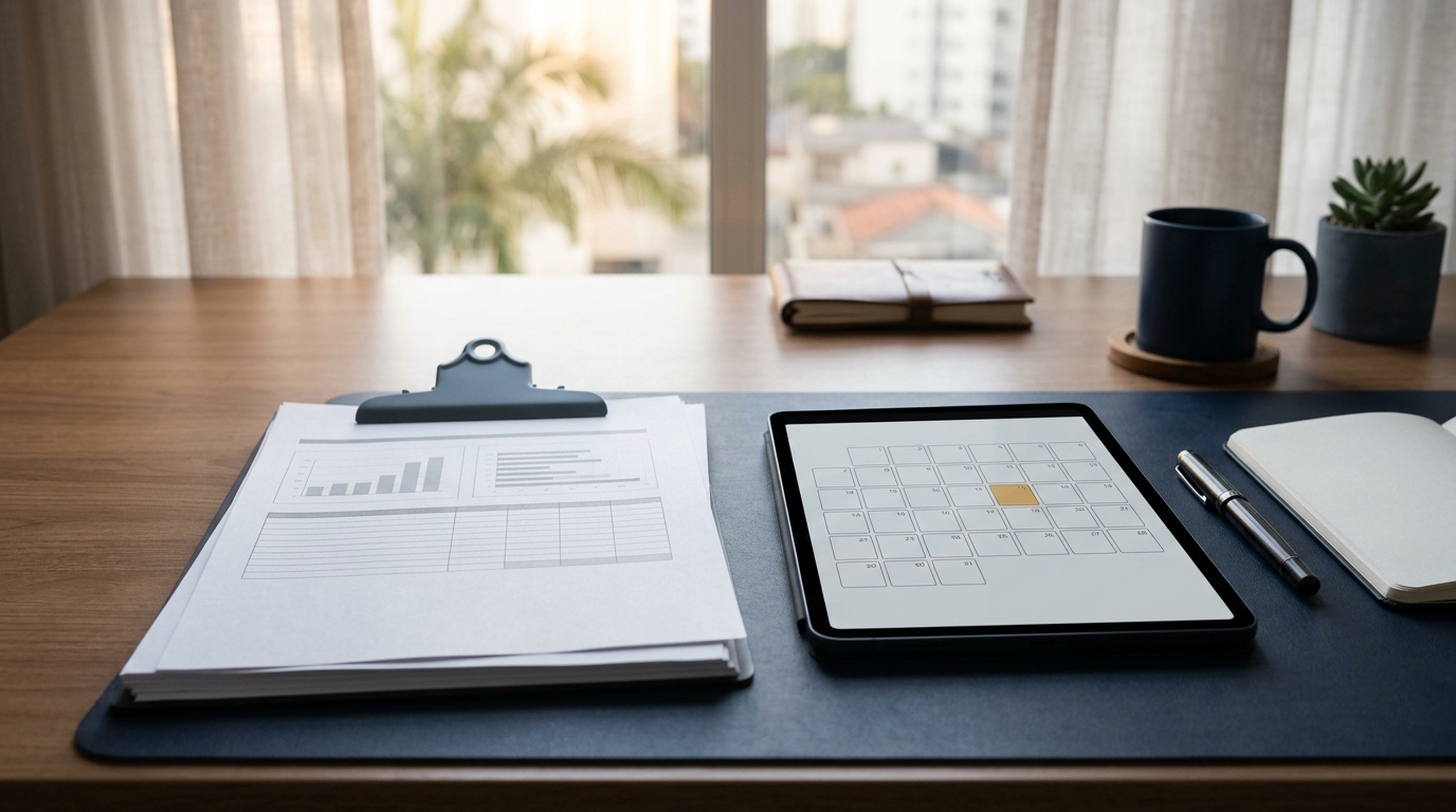 Mesa de escritório com demonstrativos fiscais e calendário digital em ambiente corporativo sóbrio.